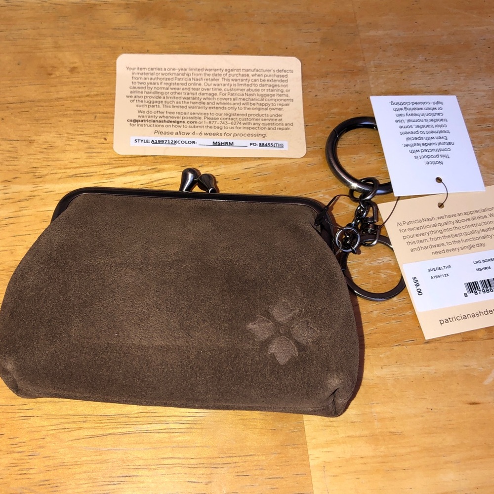 Patricia Nash Large Borse Suede Leather Kiss-Lock Coin Purse Color Mushroom NWT